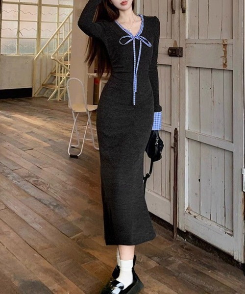 Miniministore(ミニミニストア)の「配色リボンニットマーメイドワンピース長袖(ワンピース・レディース・チャコールグレー・S/M)」の8枚目の写真