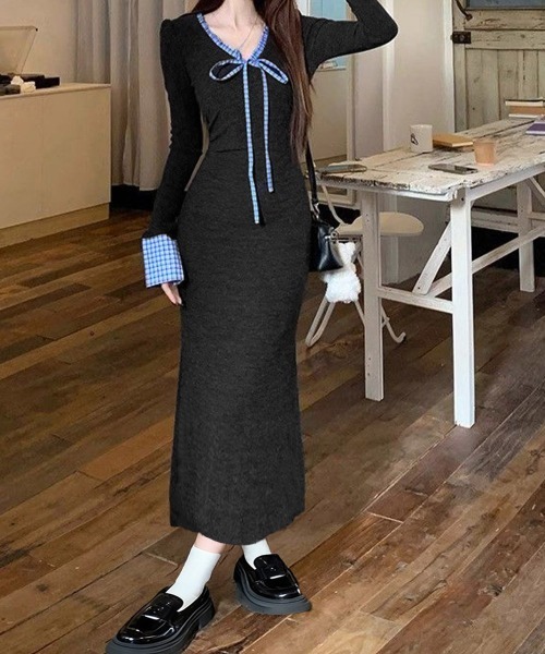Miniministore(ミニミニストア)の「配色リボンニットマーメイドワンピース長袖(ワンピース・レディース・チャコールグレー・S/M)」の10枚目の写真