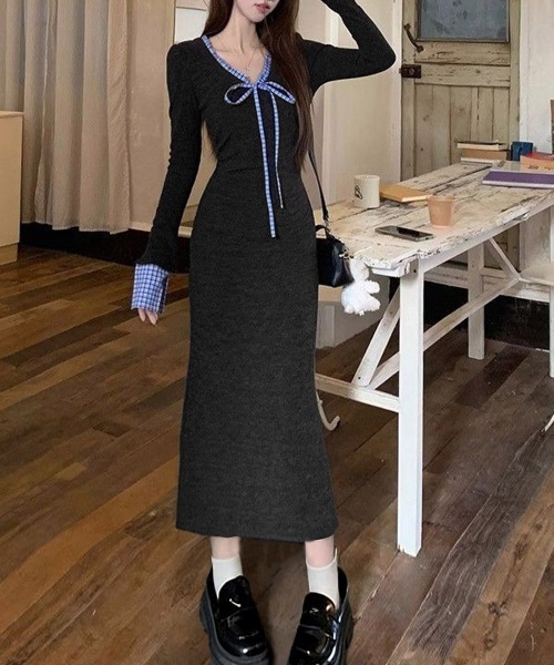 Miniministore(ミニミニストア)の「配色リボンニットマーメイドワンピース長袖(ワンピース・レディース・チャコールグレー・S/M)」の12枚目の写真