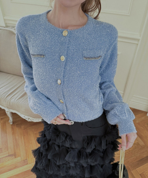 ROYAL PARTY（ロイヤルパーティー）の「チェーントリミングマルチ釦ラメシャギーカーディガン（カーディガン/ボレロ・レディース・ブルー/ベージュ/ピンク・FREE）」の2枚目の写真
