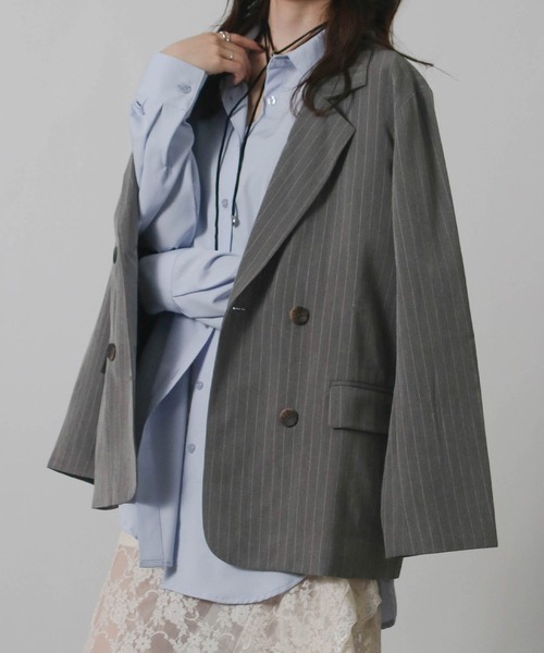 Social GIRL（ソーシャルガール）の「2026SS ダブルボタン ストライプテーラードジャケット（テーラードジャケット・レディース・ネイビー/グレー/アイボリー・M）」の4枚目の写真