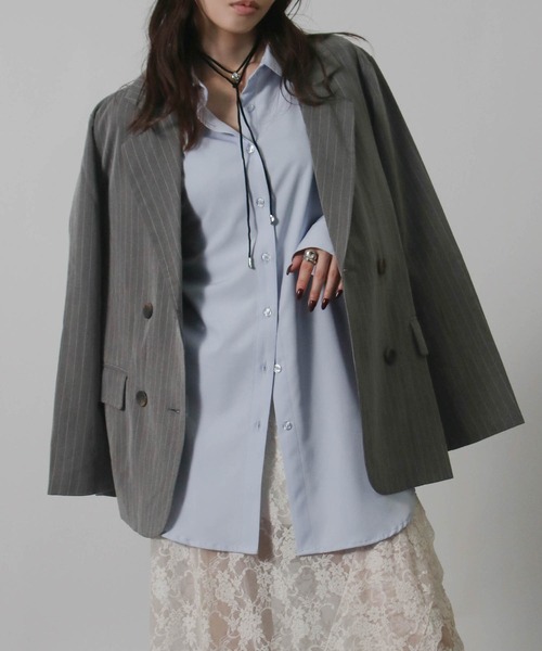 Social GIRL（ソーシャルガール）の「2026SS ダブルボタン ストライプテーラードジャケット（テーラードジャケット・レディース・ネイビー/グレー/アイボリー・M）」の6枚目の写真