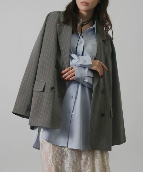 Social GIRL（ソーシャルガール）の「2026SS ダブルボタン ストライプテーラードジャケット（テーラードジャケット・レディース・ネイビー/グレー/アイボリー・M）」の8枚目の写真