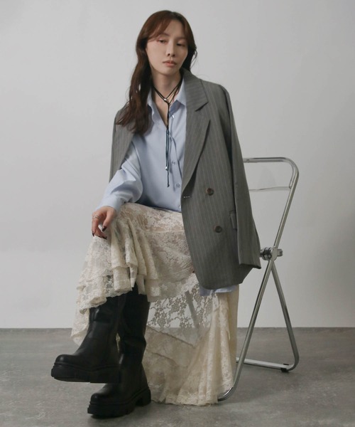 Social GIRL（ソーシャルガール）の「2026SS ダブルボタン ストライプテーラードジャケット（テーラードジャケット・レディース・ネイビー/グレー/アイボリー・M）」の9枚目の写真