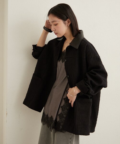 Omekashi（オメカシ）の「レザー襟取り外しカバーオール（ブルゾン・レディース・ブラック/オフホワイト/ブルー・FREE）」の3枚目の写真