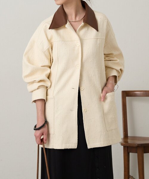 Omekashi（オメカシ）の「レザー襟取り外しカバーオール（ブルゾン・レディース・ブラック/オフホワイト/ブルー・FREE）」の4枚目の写真