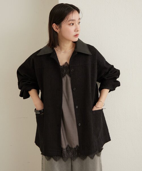 Omekashi（オメカシ）の「レザー襟取り外しカバーオール（ブルゾン・レディース・ブラック/オフホワイト/ブルー・FREE）」の7枚目の写真