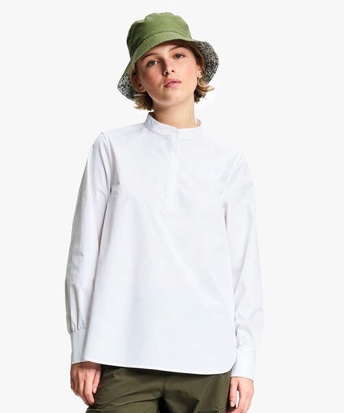 AIGLE（エーグル）の「UVカット SOLOTEX ソフトストレッチ ハーフプラケット ノーカラーエレガントシャツ（シャツ/ブラウス・レディース・ホワイト/ダークネイビー・36/38）」の15枚目の写真