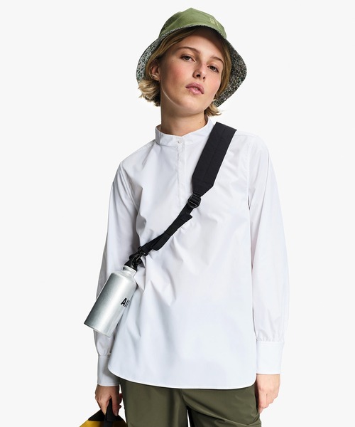 AIGLE（エーグル）の「UVカット SOLOTEX ソフトストレッチ ハーフプラケット ノーカラーエレガントシャツ（シャツ/ブラウス・レディース・ホワイト/ダークネイビー・36/38）」の5枚目の写真