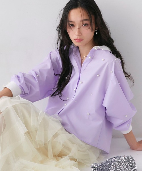 美品♪アドーア タフタ素材 光沢 長袖 シャツ ブラウス パープル 洗える ｜ パール ドット クロップドシャツ ｜ トップス・シャツ・長袖