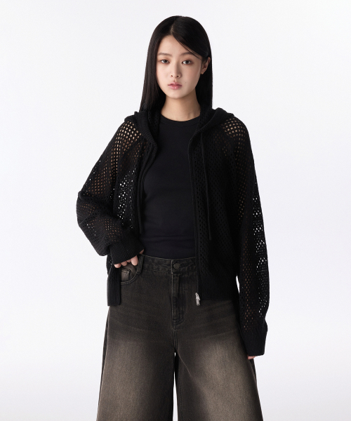 MUSINSA STANDARD WOMAN（ムシンサスタンダードウーマン）の「ウィメンズネットニットフーディッドジップアップ[ブラック]（パーカー・レディース・その他・M/S/L）」の3枚目の写真