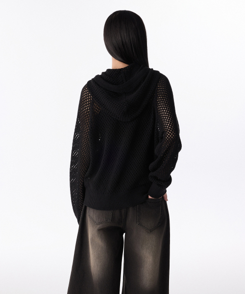MUSINSA STANDARD WOMAN（ムシンサスタンダードウーマン）の「ウィメンズネットニットフーディッドジップアップ[ブラック]（パーカー・レディース・その他・M/S/L）」の4枚目の写真