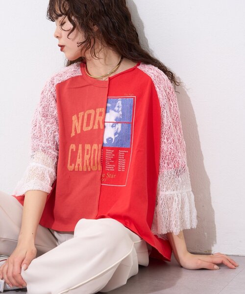 etsinta(エシンタ)の「【etsinta】袖レースリメイク切替カレッジTee(Tシャツ/カットソー・レディース・ホワイト/ブルー/レッド・ONE SIZE)」の1枚目の写真