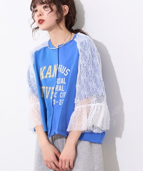 etsinta(エシンタ)の「【etsinta】袖レースリメイク切替カレッジTee(Tシャツ/カットソー・レディース・ホワイト/ブルー/レッド・ONE SIZE)」の3枚目の写真