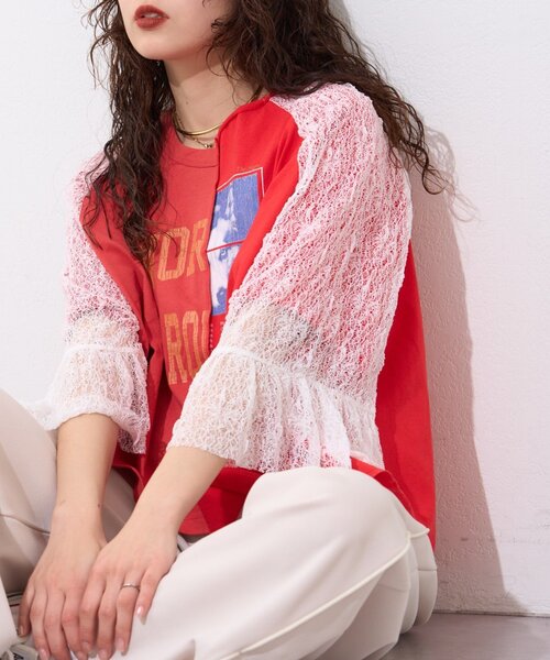 etsinta(エシンタ)の「【etsinta】袖レースリメイク切替カレッジTee(Tシャツ/カットソー・レディース・ホワイト/ブルー/レッド・ONE SIZE)」の9枚目の写真