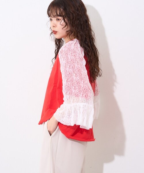 etsinta(エシンタ)の「【etsinta】袖レースリメイク切替カレッジTee(Tシャツ/カットソー・レディース・ホワイト/ブルー/レッド・ONE SIZE)」の7枚目の写真