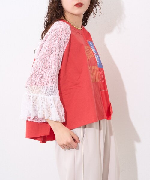 etsinta(エシンタ)の「【etsinta】袖レースリメイク切替カレッジTee(Tシャツ/カットソー・レディース・ホワイト/ブルー/レッド・ONE SIZE)」の5枚目の写真