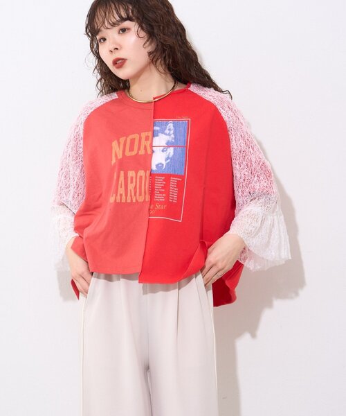 etsinta(エシンタ)の「【etsinta】袖レースリメイク切替カレッジTee(Tシャツ/カットソー・レディース・ホワイト/ブルー/レッド・ONE SIZE)」の4枚目の写真