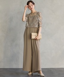 フラワーモチーフラメ刺繍ブラウス×ツイルキャミソールオールインワン 2点セットパーティードレス結婚式 お呼ばれ ドレス 20代 30代 40代