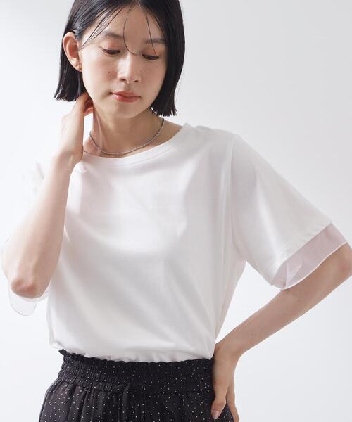 THE SHOP TK (ザ ショップ ティーケー )の「【M-XL/ひんやり】上品な透け感 袖口シアーTシャツ(Tシャツ/カットソー・レディース・ピンク/ブラック/オフホワイト/サックスブルー/ダークブラウン・13/12/14)」の2枚目の写真