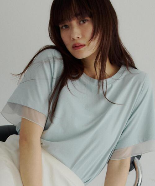 THE SHOP TK (ザ ショップ ティーケー )の「【M-XL/ひんやり】上品な透け感 袖口シアーTシャツ(Tシャツ/カットソー・レディース・ピンク/ブラック/オフホワイト/サックスブルー/ダークブラウン・13/12/14)」の4枚目の写真