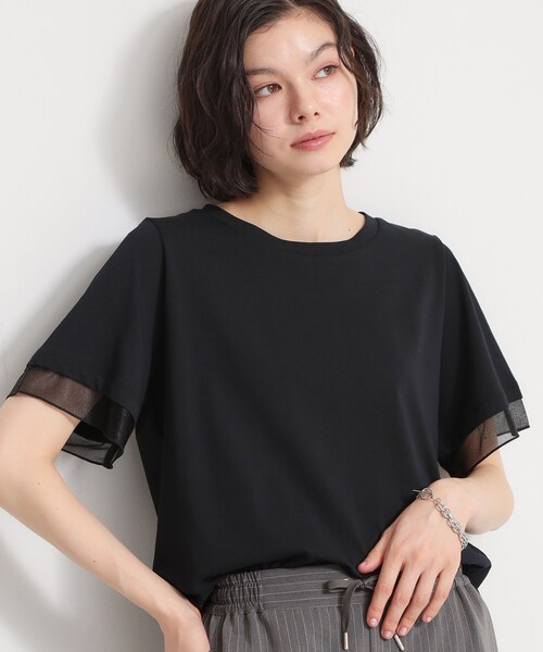 THE SHOP TK (ザ ショップ ティーケー )の「【M-XL/ひんやり】上品な透け感 袖口シアーTシャツ(Tシャツ/カットソー・レディース・ピンク/ブラック/オフホワイト/サックスブルー/ダークブラウン・13/12/14)」の1枚目の写真