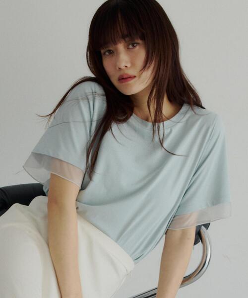 THE SHOP TK (ザ ショップ ティーケー )の「【M-XL/ひんやり】上品な透け感 袖口シアーTシャツ(Tシャツ/カットソー・レディース・ピンク/ブラック/オフホワイト/サックスブルー/ダークブラウン・13/12/14)」の6枚目の写真