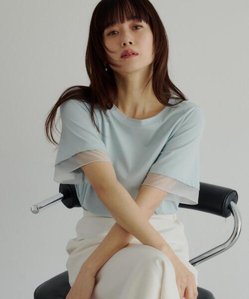 THE SHOP TK (ザ ショップ ティーケー )の「【M-XL/ひんやり】上品な透け感 袖口シアーTシャツ(Tシャツ/カットソー・レディース・ピンク/ブラック/オフホワイト/サックスブルー/ダークブラウン・13/12/14)」の7枚目の写真
