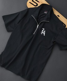 【SAVIER/サビアー】×【ZERO STAIN/ゼロステイン】【LAロゴ立体刺繍】コラボ ハーフジップ Tシャツ オーバーサイズ 汗染み防止 ストリート・スケーター