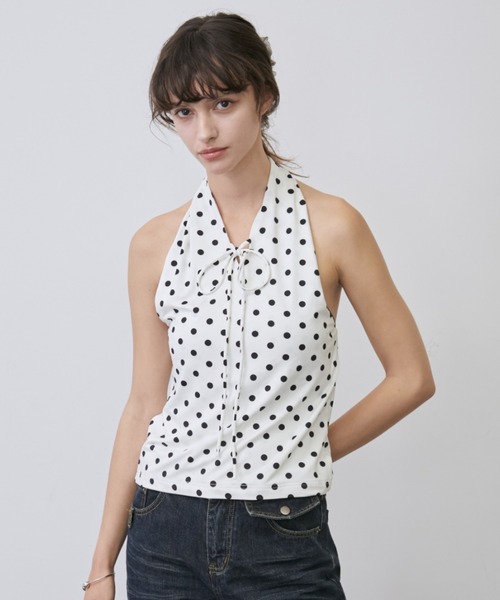 Rohwel(ローウェル)の「Dot Halter Neck Tops / ドットホルターネックトップス(タンクトップ・レディース・ホワイト/ブラック・FREE)」の2枚目の写真