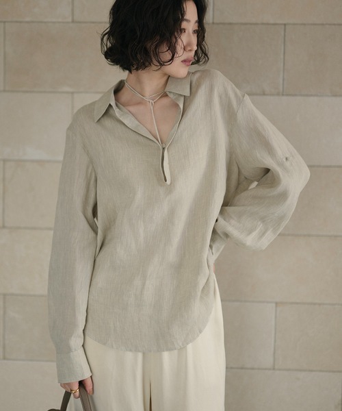 LAULEN（ローレン）の「linen design shirt /リネンデザインシャツ（シャツ/ブラウス・レディース・ベージュ/ブルー・FREE）」の2枚目の写真