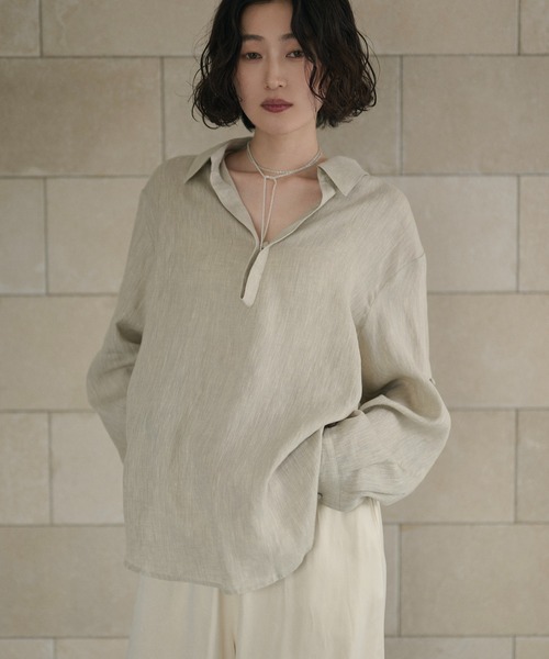 LAULEN（ローレン）の「linen design shirt /リネンデザインシャツ（シャツ/ブラウス・レディース・ベージュ/ブルー・FREE）」の3枚目の写真