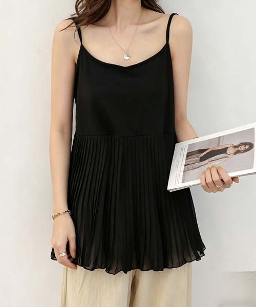 Miniministore(ミニミニストア)の「プリーツ切り替えキャミソール 韓国風夏服(キャミソール・レディース・ブラック/ホワイト・FREE)」の4枚目の写真
