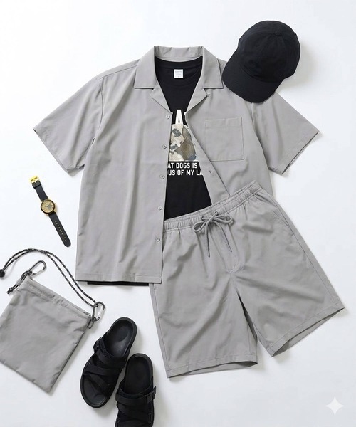 PIMLICO(ピムリコ)の「セットアップ 夏 半袖シャツ ショートパンツ メンズ 大きいサイズ WEB限定 収納袋付き 無地 半袖 開襟シャツ&ショートパンツセット PIMLICO (ピムリコ)(セットアップ・メンズ・ダークグレー/グレー/ブラック・X1(3L~4L)/X2(4L~5L)/X3(6L~7L)/X4(8L~9L)/X5(9L~10L))」の3枚目の写真