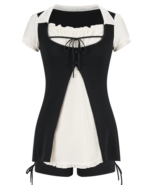 ワンピース andwang Fluffy Ribbon Knit Set black セール】Heritage Ribbon Docking Knit Set（ワンピース）｜andwang