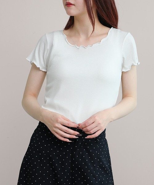 aimoha(アイモハ)の「リブメロウフリルカットソー(Tシャツ/カットソー・レディース・ホワイト/カーキ/ブラック/ダークベージュ/グレー・FREE)」の1枚目の写真