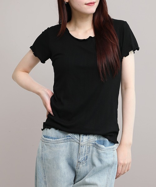 aimoha(アイモハ)の「リブメロウフリルカットソー(Tシャツ/カットソー・レディース・ホワイト/カーキ/ブラック/ダークベージュ/グレー・FREE)」の2枚目の写真