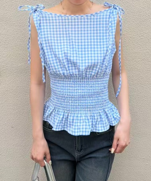 mebole(メボレ)の「shoulder ribbon gingham check blouse(シャツ/ブラウス・レディース・ブラック/ブルー/レッド・FREE)」の2枚目の写真