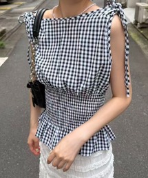 shoulder ribbon gingham check blouse
