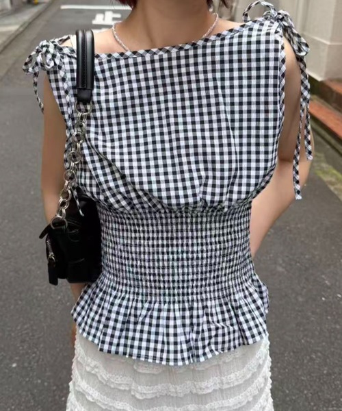 mebole(メボレ)の「shoulder ribbon gingham check blouse(シャツ/ブラウス・レディース・ブラック/ブルー/レッド・FREE)」の13枚目の写真