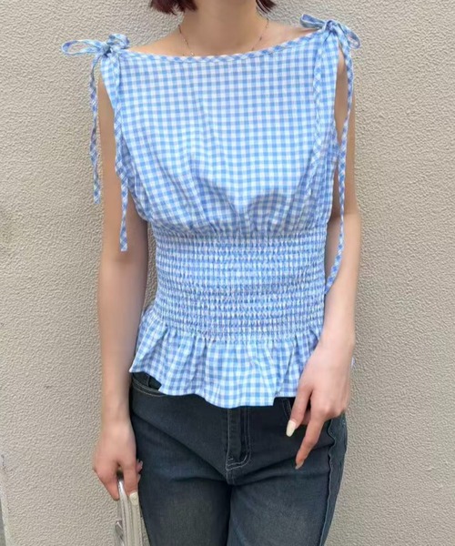 mebole(メボレ)の「shoulder ribbon gingham check blouse(シャツ/ブラウス・レディース・ブラック/ブルー/レッド・FREE)」の21枚目の写真