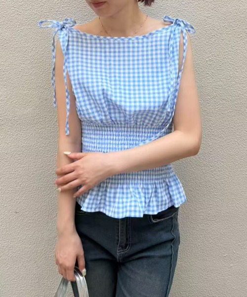 mebole(メボレ)の「shoulder ribbon gingham check blouse(シャツ/ブラウス・レディース・ブラック/ブルー/レッド・FREE)」の22枚目の写真