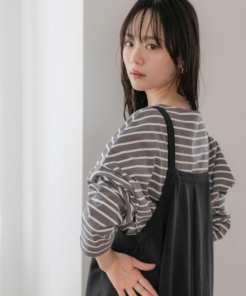 NANO universe（ナノユニバース）の「【選べる4色展開！】WEB限定/ボーダーワイドドロップトップス（Tシャツ/カットソー・レディース・グレー系その他4/オフホワイト/ベージュ/ブラック・FREE）」の3枚目の写真