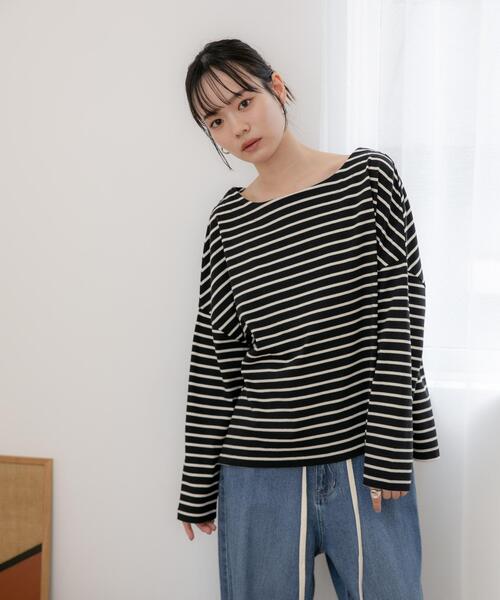 NANO universe（ナノユニバース）の「【選べる4色展開！】WEB限定/ボーダーワイドドロップトップス（Tシャツ/カットソー・レディース・グレー系その他4/オフホワイト/ベージュ/ブラック・FREE）」の7枚目の写真