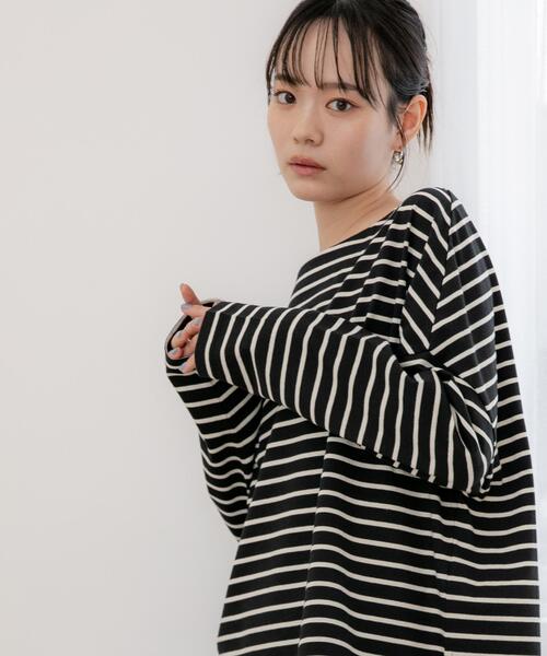 NANO universe（ナノユニバース）の「【選べる4色展開！】WEB限定/ボーダーワイドドロップトップス（Tシャツ/カットソー・レディース・グレー系その他4/オフホワイト/ベージュ/ブラック・FREE）」の8枚目の写真