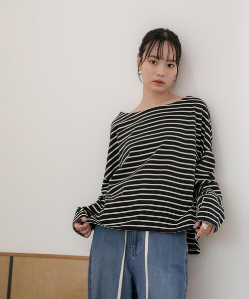 NANO universe（ナノユニバース）の「【選べる4色展開！】WEB限定/ボーダーワイドドロップトップス（Tシャツ/カットソー・レディース・グレー系その他4/オフホワイト/ベージュ/ブラック・FREE）」の9枚目の写真