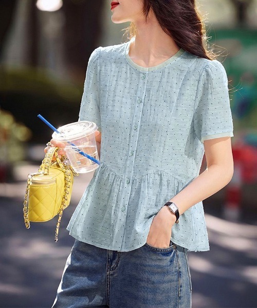 ONEP STAR(ワンピスター)の「ドット柄ペプラム半袖ブラウス(シャツ/ブラウス・レディース・ライトブルー・MEDIUM/LARGE/X-LARGE)」の12枚目の写真