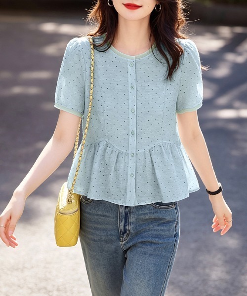 ONEP STAR(ワンピスター)の「ドット柄ペプラム半袖ブラウス(シャツ/ブラウス・レディース・ライトブルー・MEDIUM/LARGE/X-LARGE)」の7枚目の写真