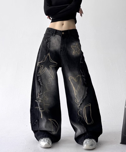 Ressaca(レサーカ)の「ダメージ加工ステッチデニムパンツ(デニムパンツ・レディース・ブラック/ブルー・M/L/XL)」の1枚目の写真