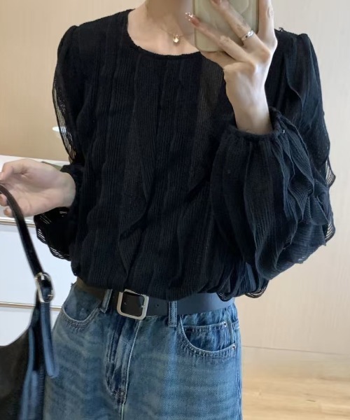 FLINEA(フリネア)の「クルーネックフリル長袖トップス(Tシャツ/カットソー・レディース・ホワイト/ブラック/ライトブラウン・FREE)」の22枚目の写真